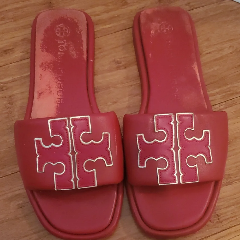 Tory Burch Red Slide Sandals with Gold Logo